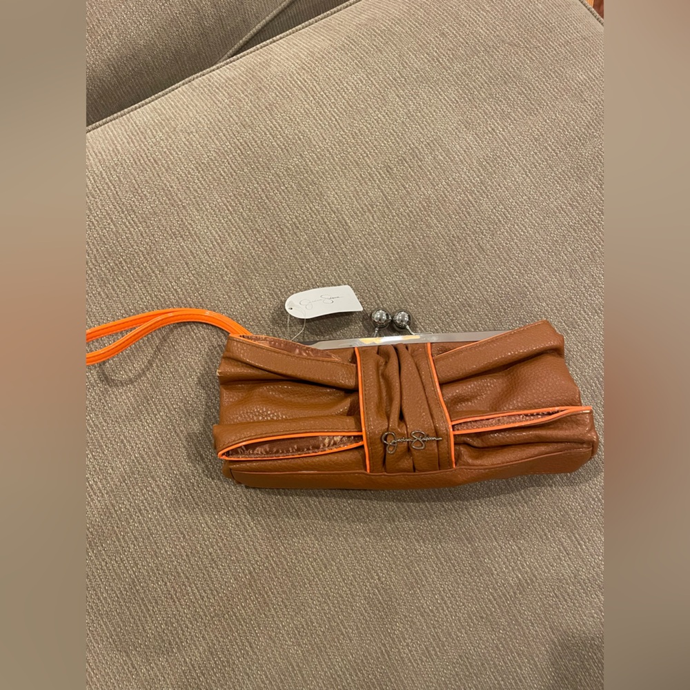 Jessica Simpson Brown Clutch Wristlet with Orange Trim
